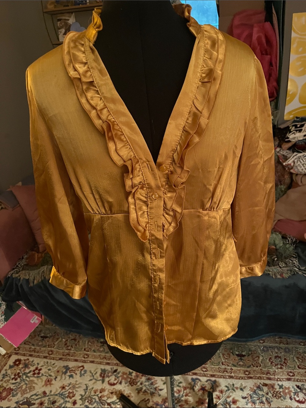 AGB Gold Ruffle V-Neck Button-Front Blouse